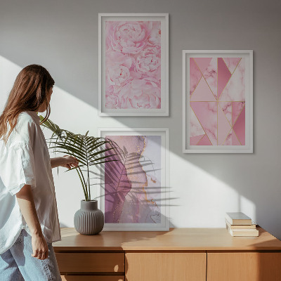 Three-piece wall art piece Pink Geometric Peonies