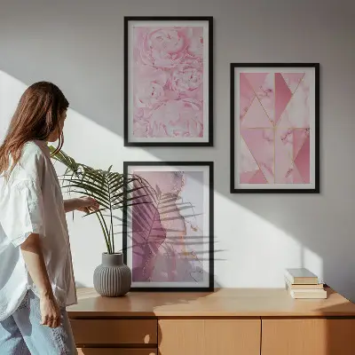 Pink Geometric Peonies wall art three-piece set