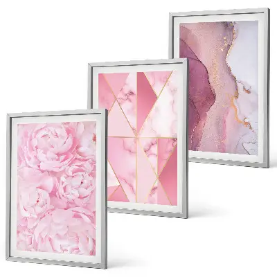 Pink Geometric Peonies wall art three-piece set