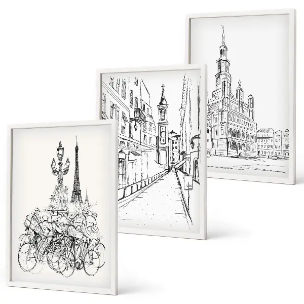 Set of 3 framed urban landscape wall art pieces simple drawings