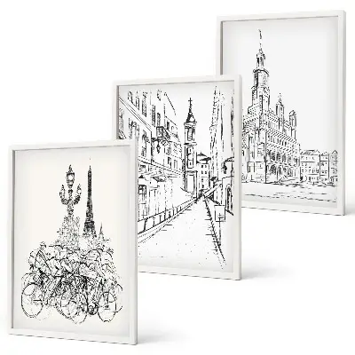 Set of 3 framed urban landscape wall art pieces simple drawings