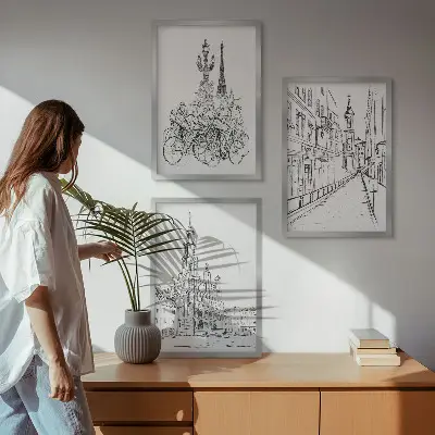 Set of 3 framed wall art pieces Simple drawings of urban landscapes