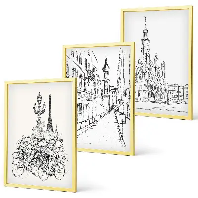 Set of 3 framed urban landscape wall art pieces simple drawings