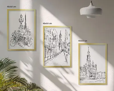 Set of 3 framed urban landscape wall art pieces simple drawings