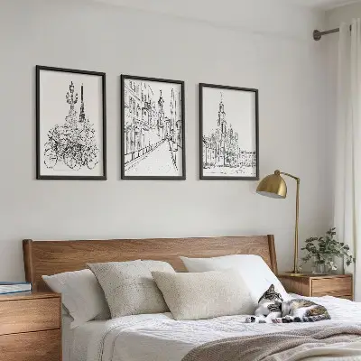 Set of 3 framed urban landscape wall art pieces simple drawings