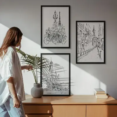 Set of 3 framed wall art pieces Simple drawings of urban landscapes