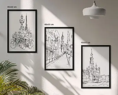 Set of 3 framed urban landscape wall art pieces simple drawings
