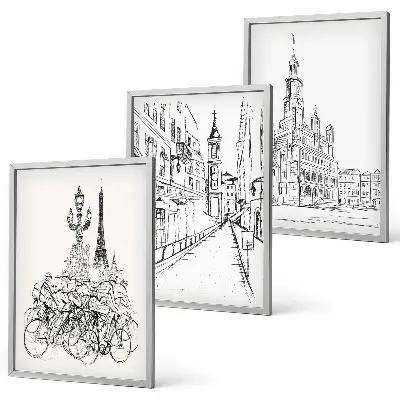 Set of 3 framed urban landscape wall art pieces simple drawings