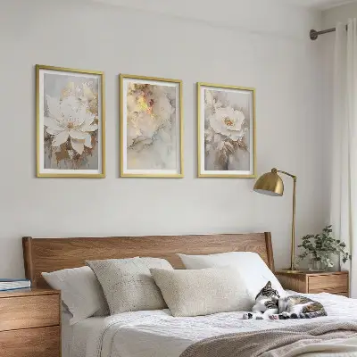 Three-piece abstract wall art bright flowers background