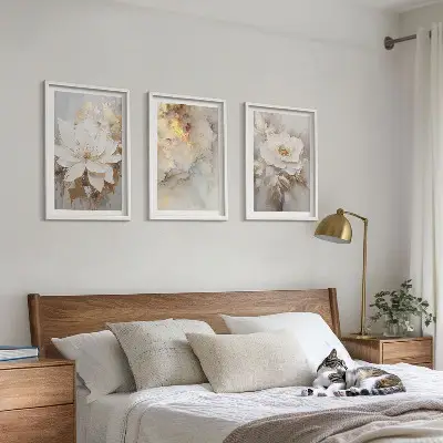 Three-piece abstract wall art bright flowers background