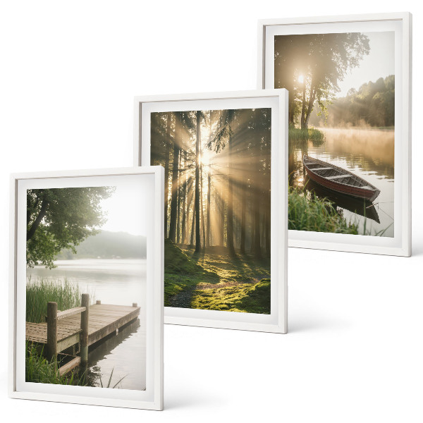Set of 3 framed wall art pieces Lake, forest, boat, morning fog