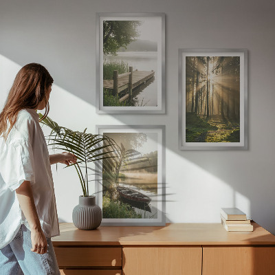 Set of 3 framed wall art pieces Lake, forest, boat, morning fog