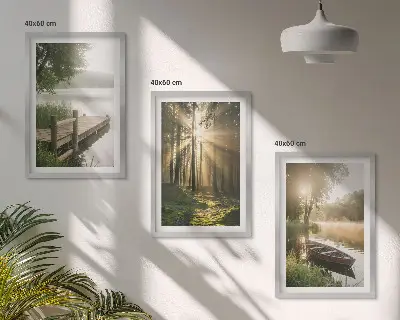 Set of 3 framed wall art pieces featuring a lake, forest, boat, and morning fog