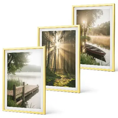 Set of 3 framed wall art pieces featuring a lake, forest, boat, and morning fog