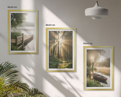 Set of 3 framed wall art pieces Lake, forest, boat, morning fog