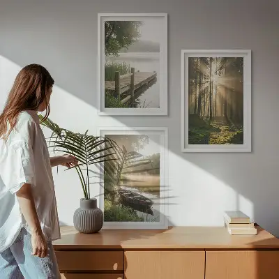 Set of 3 framed wall art pieces featuring a lake, forest, boat, and morning fog