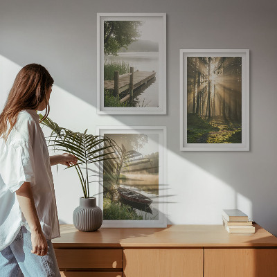 Set of 3 framed wall art pieces Lake, forest, boat, morning fog