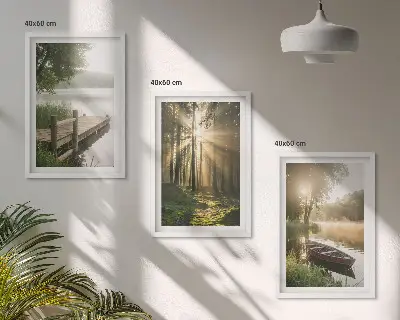 Set of 3 framed wall art pieces featuring a lake, forest, boat, and morning fog