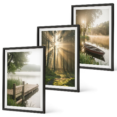 Set of 3 framed wall art pieces Lake, forest, boat, morning fog