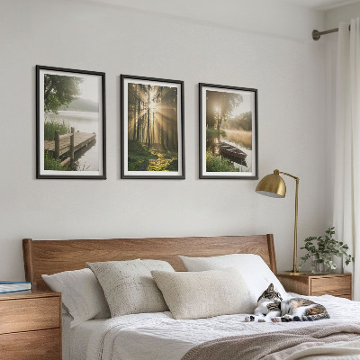 Set of 3 framed wall art pieces Lake, forest, boat, morning fog