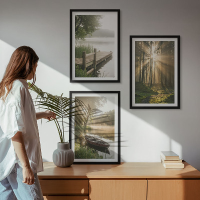 Set of 3 framed wall art pieces Lake, forest, boat, morning fog