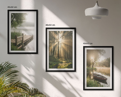 Set of 3 framed wall art pieces Lake, forest, boat, morning fog