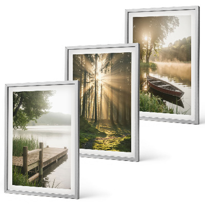Set of 3 framed wall art pieces Lake, forest, boat, morning fog
