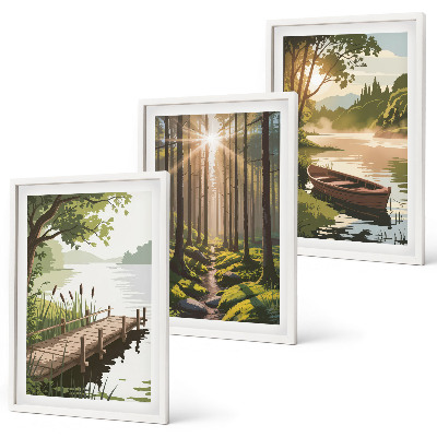 Wall art set Landscape of the forest, lake, boat