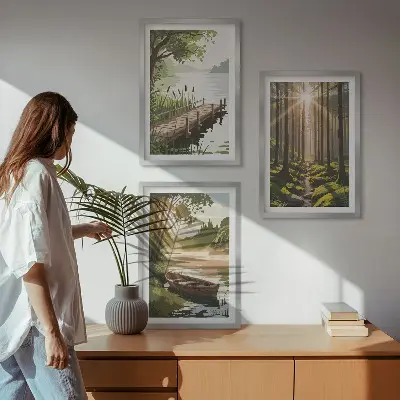 Wall art set featuring a landscape of a forest, lake, and boat