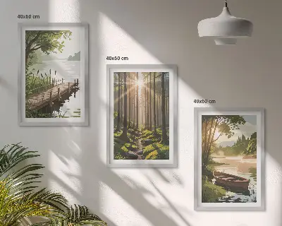 Wall art set featuring a landscape of a forest, lake, and boat