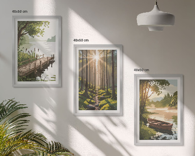 Wall art set Landscape of the forest, lake, boat
