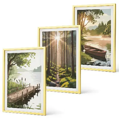 Wall art set featuring a landscape of a forest, lake, and boat