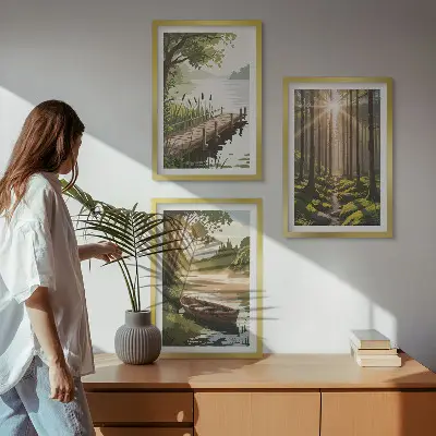Wall art set featuring a landscape of a forest, lake, and boat