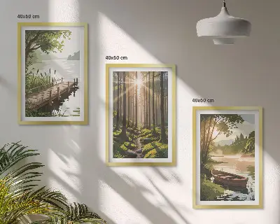 Wall art set featuring a landscape of a forest, lake, and boat