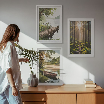 Wall art set Landscape of the forest, lake, boat