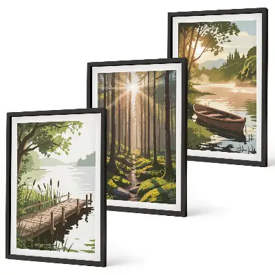Wall art set featuring a landscape of a forest, lake, and boat