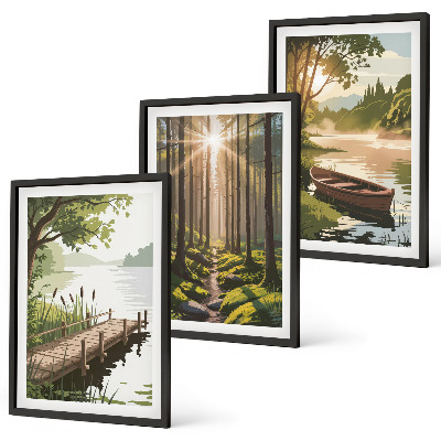 Wall art set Landscape of the forest, lake, boat