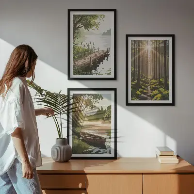 Wall art set featuring a landscape of a forest, lake, and boat