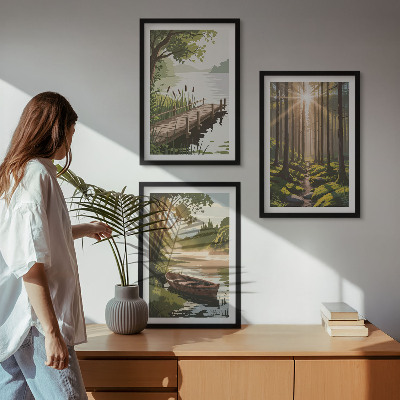 Wall art set Landscape of the forest, lake, boat
