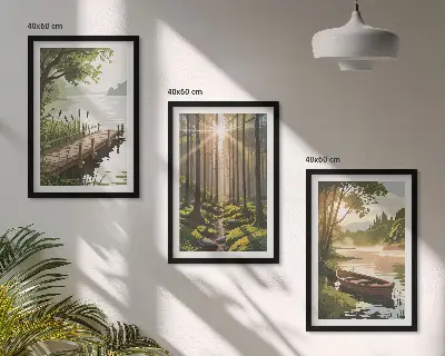 Wall art set featuring a landscape of a forest, lake, and boat