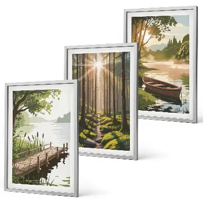 Wall art set featuring a landscape of a forest, lake, and boat