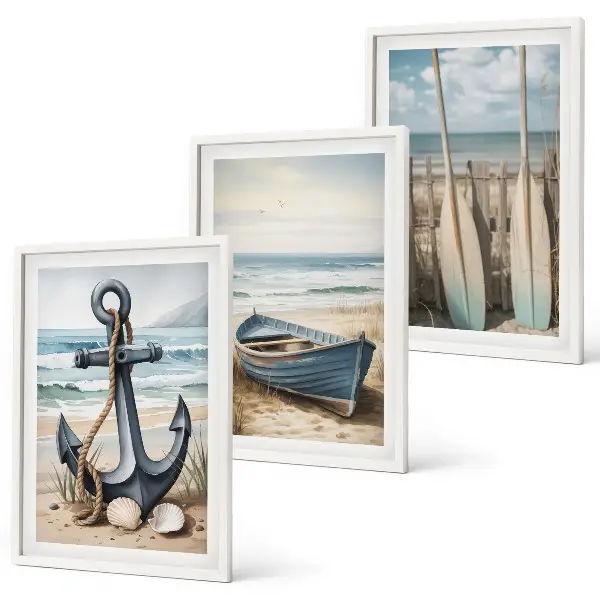 Three-piece beach-themed wall art set featuring anchor and boat oars