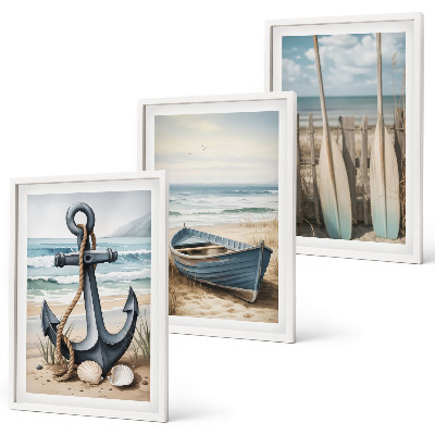 Three-piece wall art piece Anchor boat oars beach