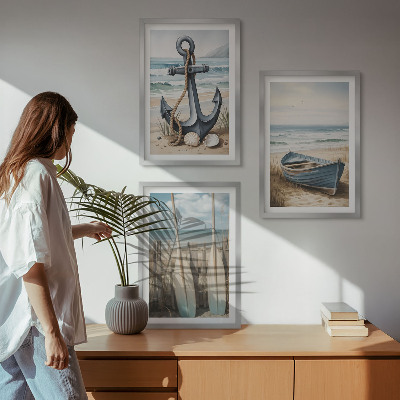Three-piece wall art piece Anchor boat oars beach