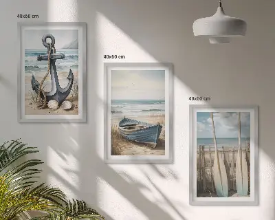 Three-piece beach-themed wall art set featuring anchor and boat oars