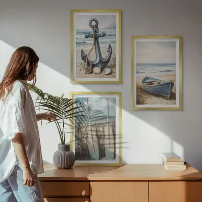 Three-piece beach-themed wall art set featuring anchor and boat oars