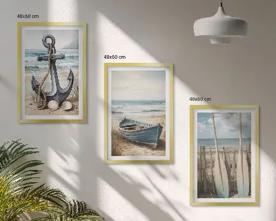 Three-piece beach-themed wall art set featuring anchor and boat oars