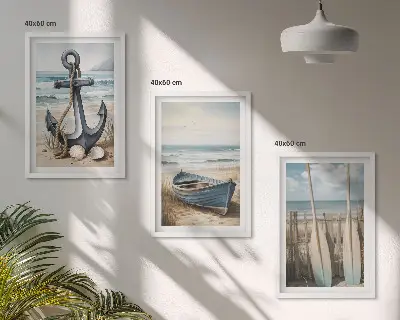 Three-piece beach-themed wall art set featuring anchor and boat oars