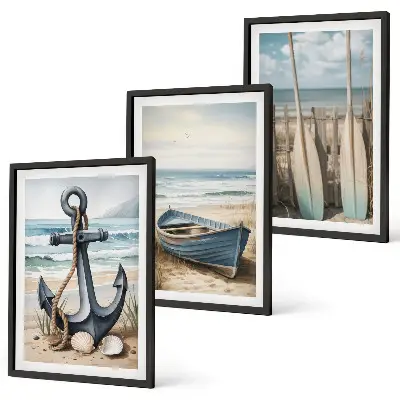 Three-piece beach-themed wall art set featuring anchor and boat oars