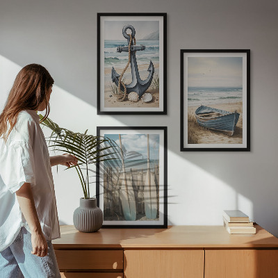 Three-piece wall art piece Anchor boat oars beach